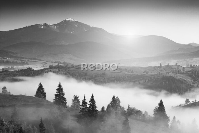 Papier peint  Paysage noir et blanc avec montagnes