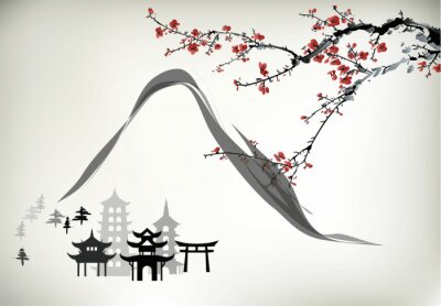 Papier peint  Paysage oriental avec le mont Fuji