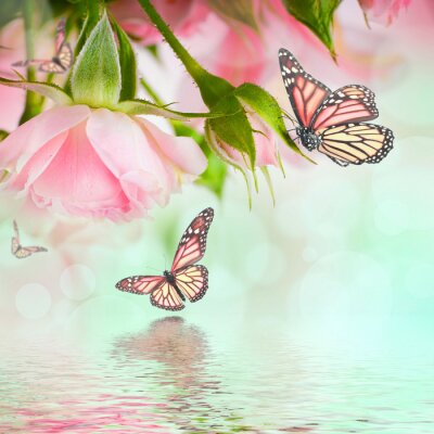 Paysage pastel avec des papillons et des roses