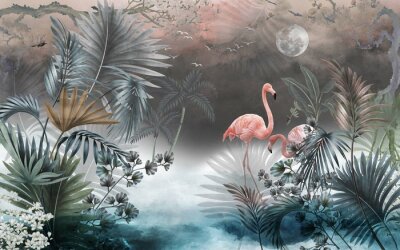 Paysage sauvage avec des flamants roses, la lune et le lac