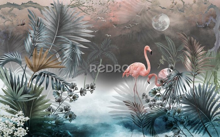 Papier peint  Paysage sauvage avec des flamants roses, la lune et le lac