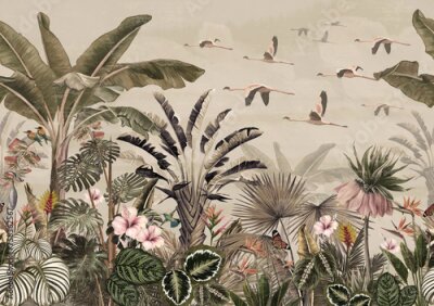 Papier peint  Paysage Tropical, Plantes et Oiseaux Exotiques