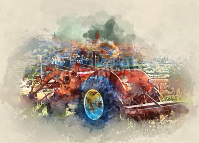 Papier peint  Peinture à l'aquarelle numérique d'un ancien tracteur contre le fond du village. Le village de Polop de la Marina en Espagne