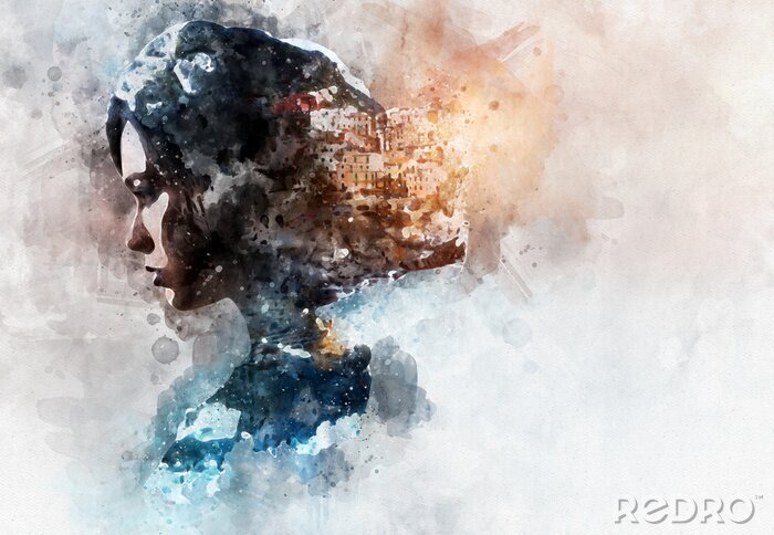 Papier peint  Peinture à l'aquarelle numérique. Double exposition. Femme et vue de Manarola.