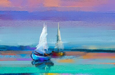 Peinture à l'huile colorée sur la texture de la toile. Image impressionniste de peintures de paysages marins avec fond de lumière du soleil. Peintures à l'huile d'art moderne avec le bateau, naviguent