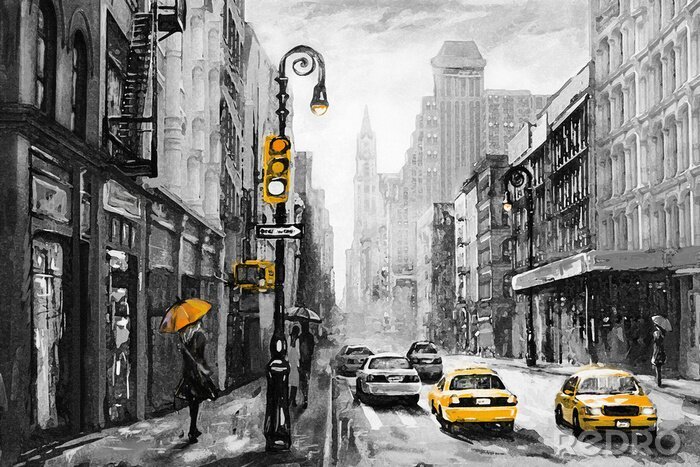 Papier peint  peinture à l'huile sur toile, vue sur la rue de New York, homme et femme, taxi jaune, oeuvre moderne, ville américaine, illustration New York