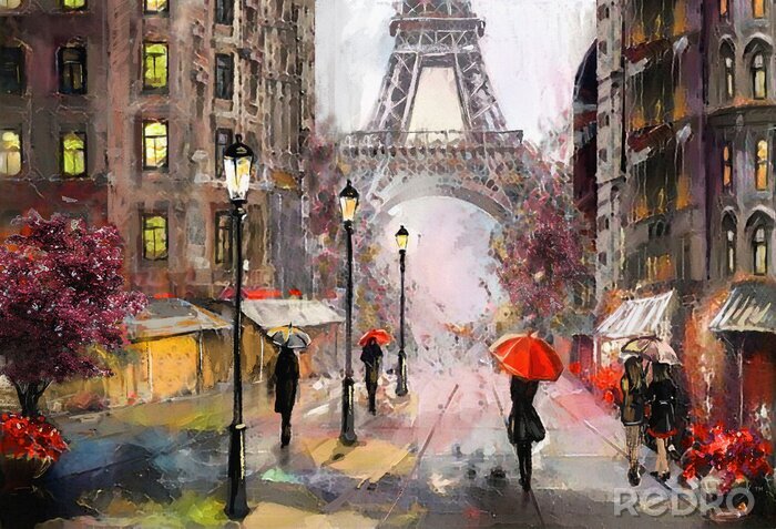 Papier peint  Peinture à l'huile sur toile, vue sur la rue de Paris. Ouvrages d'art. tour Eiffel . Personnes sous un parapluie rouge. Arbre. France