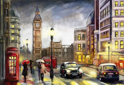 Peinture à l'huile sur toile, vue sur rue de Londres. Ouvrages d'art. Big ben. Couple et parapluie rouge, bus et route, téléphone. Voiture noire - taxi. Angleterre