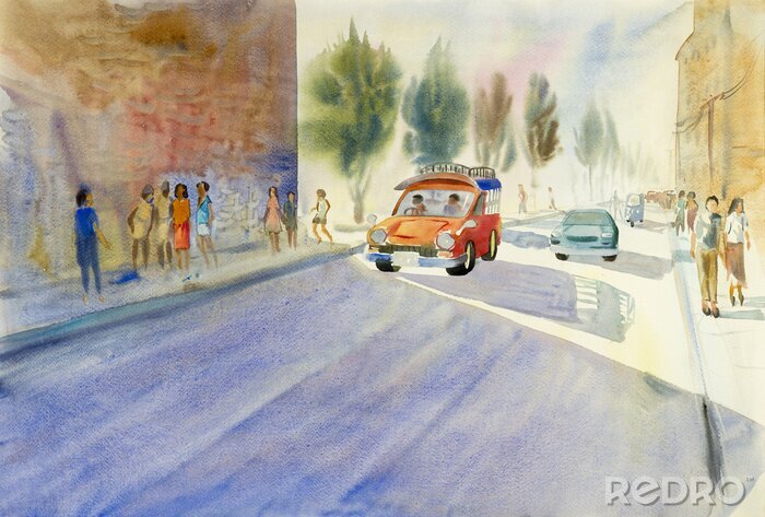 Papier peint  Peinture colorée de petit bus rouge sur la route de phare