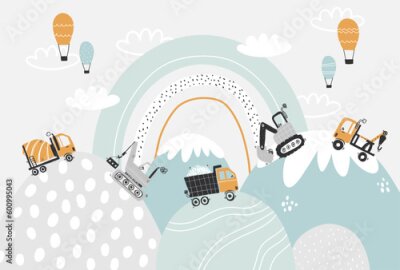 Papier peint  Pelles camions et ballons dans un pays féerique