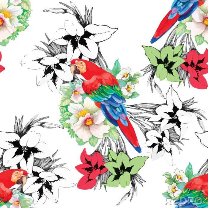 Papier peint  Perroquet rouge avec des fleurs en arrière-plan