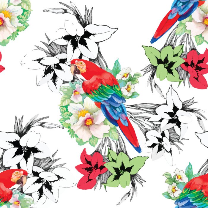 Papier peint  Perroquet rouge avec des fleurs en arrière-plan