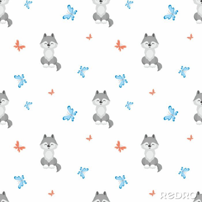 Papier peint  Petits loups et papillons colorés pour enfants