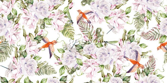 Papier peint  Petits oiseaux parmi les fleurs blanches