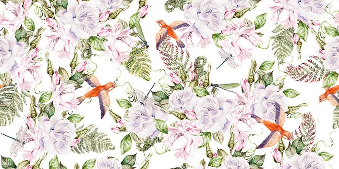 Papier peint  Petits oiseaux parmi les fleurs blanches