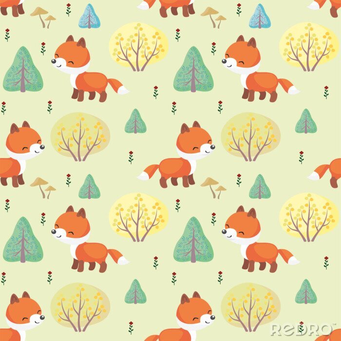 Papier peint  Petits renards parmi les arbres verts