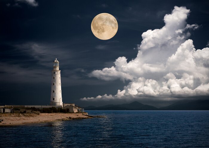 Papier peint  Phare maritime et pleine lune