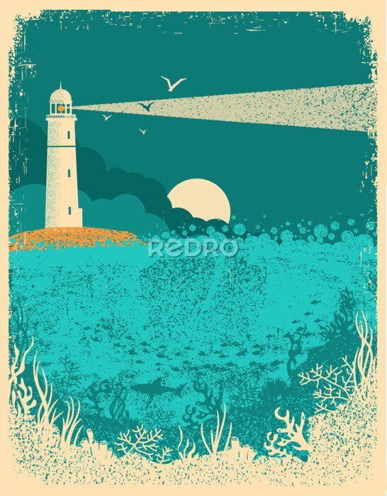 Papier peint  Phare sur coucher de soleil avec des vagues de la mer. Fond de mer sous-marine sur la texture de vieux papier