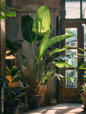 Papier peint   photo of an interior with large tropical plants, a strelitzia reginae plant in the foreground and several pots with other types of greenery. 