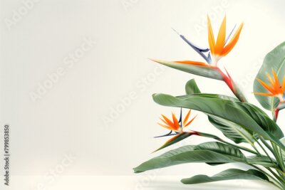 Papier peint  photo of the rare and endangered Strelitzia birds of paradise plant and flower, flawlessly depicted against a clean white background, allowing viewers to appreciate its elegance an