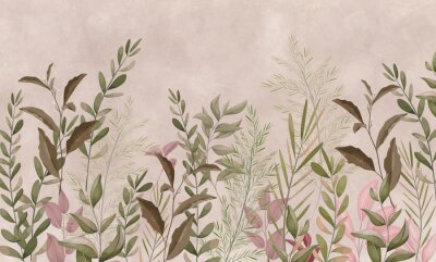 Papier peint  Photo wallpapers for walls. Beautiful leaves on a beige background. A mural for a room. Painted grass.