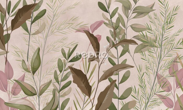 Papier peint  Photo wallpapers for walls. Beautiful leaves on a beige background. A mural for a room. Painted grass.