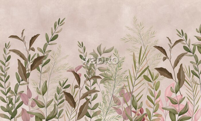 Papier peint  Photo wallpapers for walls. Beautiful leaves on a beige background. A mural for a room. Painted grass.