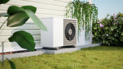 Papier peint  Photorealistic 3d render of a fictitious air source heat pump mounted to a concrete base with vibration dampers on the outside of a house. Rose bush, ivy and strelitzia in the garden.