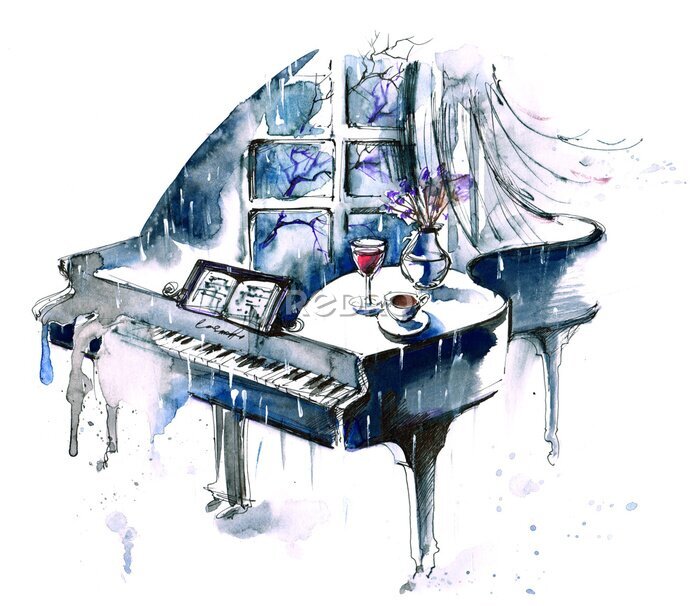 Papier peint  Piano bleu abstrait sur fond blanc