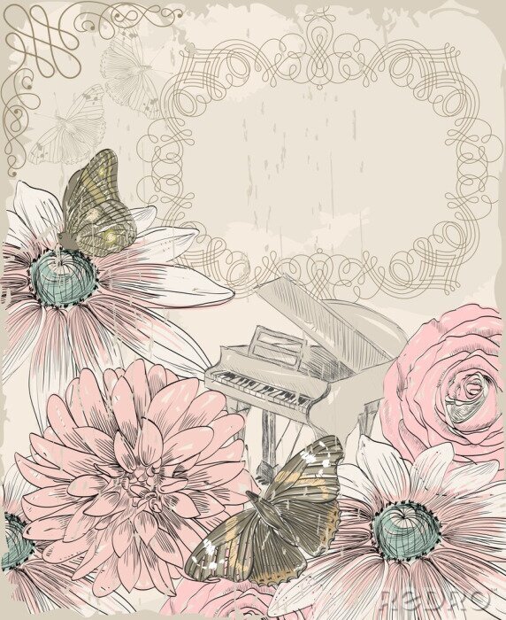 Papier peint  Piano fleurs et papillons