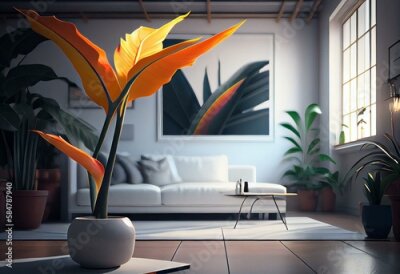 Papier peint  Picture of a bright living room with a giant white bird of paradise plant (strelitzia nicolai) on the floor. Generative AI