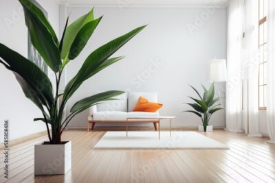 Papier peint  Picture of a bright living room with a giant white bird of paradise plant (strelitzia nicolai) on the floor. Generative AI
