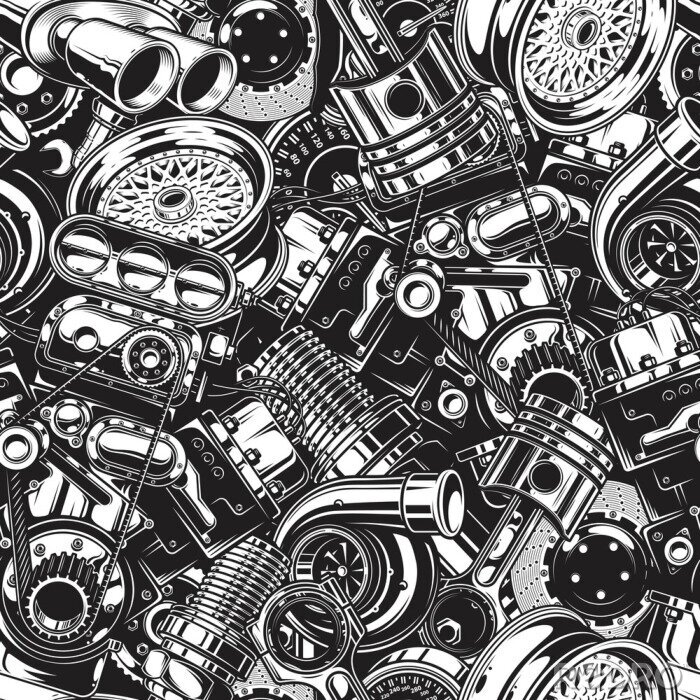 Papier peint  Pièces automobiles en noir et blanc