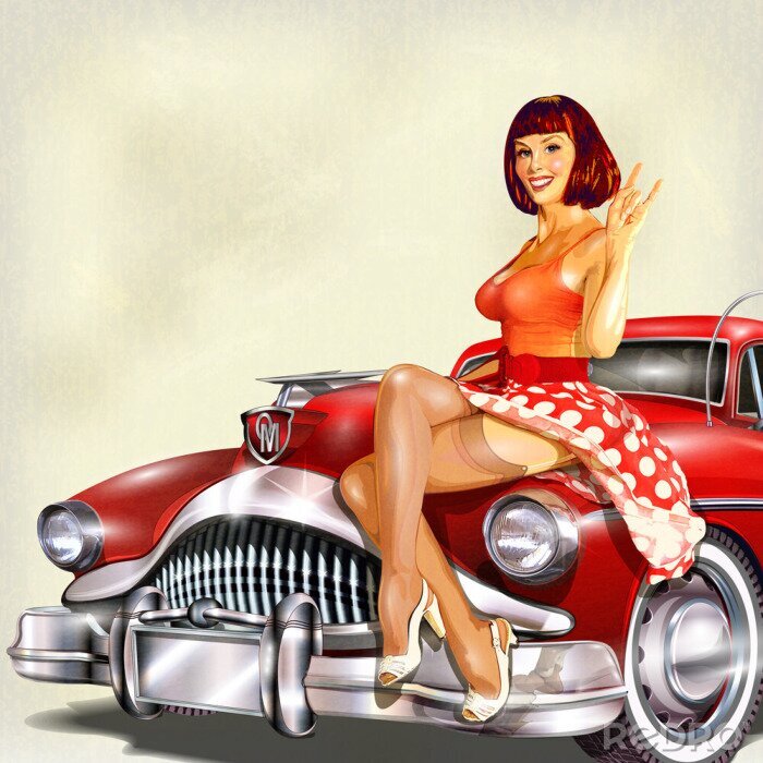 Papier peint  Pin-up et voiture rétro isolée sur fond blanc