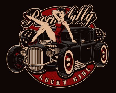 Papier peint  Pin up fille avec hot rod classique.