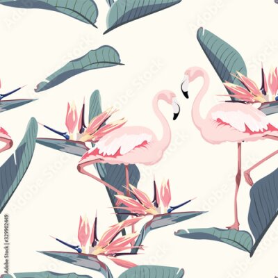 Papier peint  Pink flamingo, strelitzia leaves and flowers, light yellow background. Floral seamless pattern. Tropical illustration. Exotic plants, birds. Summer beach design. Paradise nature.