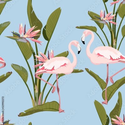 Papier peint  Pink flamingo, strelitzia leaves and flowers plant, vintage blue background. Floral seamless pattern. Tropical illustration. Exotic plants, birds. Summer beach design. Paradise nature.