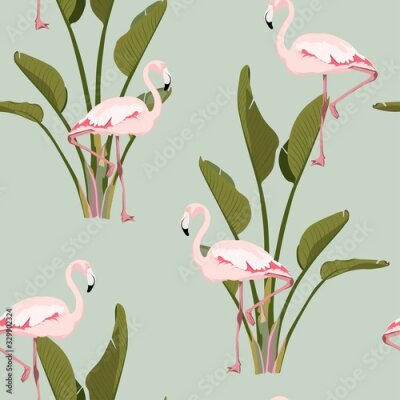 Papier peint  Pink flamingo, strelitzia leaves plant, vintage background. Floral seamless pattern. Tropical illustration. Exotic plants, birds. Summer beach design. Paradise nature.