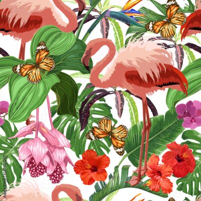 Papier peint  Pink flamingos, butterflies, tropical flowers and leaves. Hibiscus, medinilla, strelitzia. Seamless vector pattern.