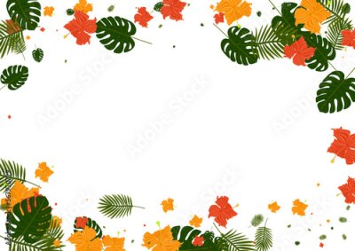 Papier peint  Pink Flower Background White Vector. Strelitzia Hawaiian Design. Red Foliage. Spring Pattern. Yellow Botanical Card.