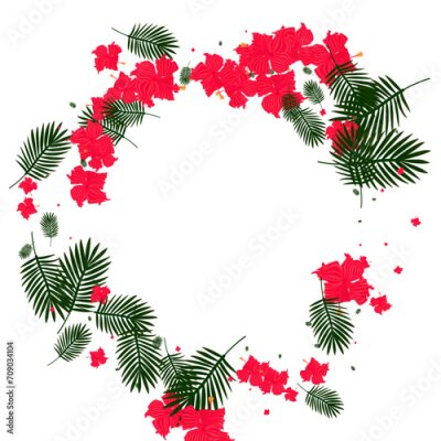 Papier peint  Pink Foliage Background White Vector. Strelitzia Tropical Card. Yellow Leaves. Miami Frame. Green Branch Pattern.