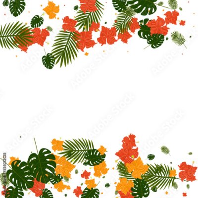Papier peint  Pink Hibiscus Background White Vector. Strelitzia Paradise Illustration. Yellow Monstera. Aloha Backdrop. Light Green Beach Texture.