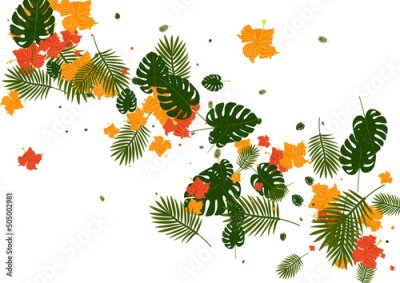 Papier peint  Pink Leaves Background White Vector. Flower Spring Design. Green Strelitzia. Paradise Pattern. Orange Realistic Frame.