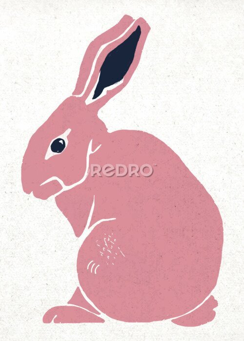 Papier peint  Pink rabbit vector animal vintage linocut illustration