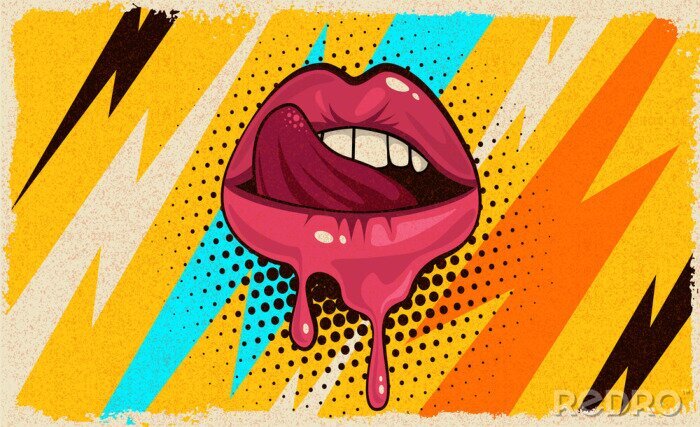 Papier peint  Pink, red lips, mouth and tongue  icon on pop art retro vintage colorful background. Trendy and fashion color illustration easy editable for Your design of poster and banner. 