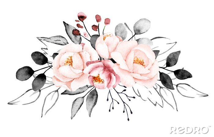 Papier peint  Pivoines aquarelles dans les tons roses et gris