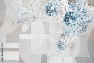 Pivoines Bleues et Mur en Béton Géométrique