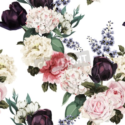 Papier peint  Pivoines et hortensias sur fond clair