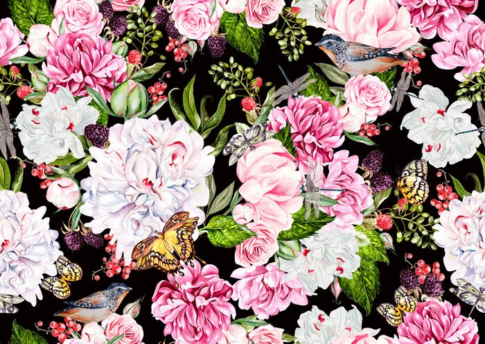 Papier peint  Pivoines et papillons en fleurs