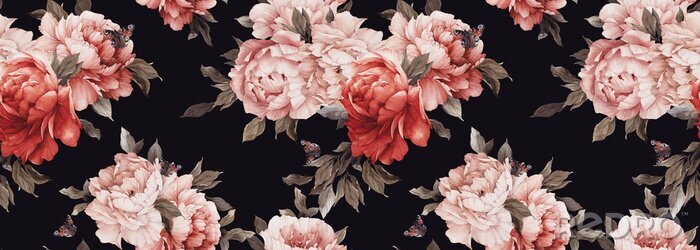Papier peint  Pivoines rose rouge sur fond noir